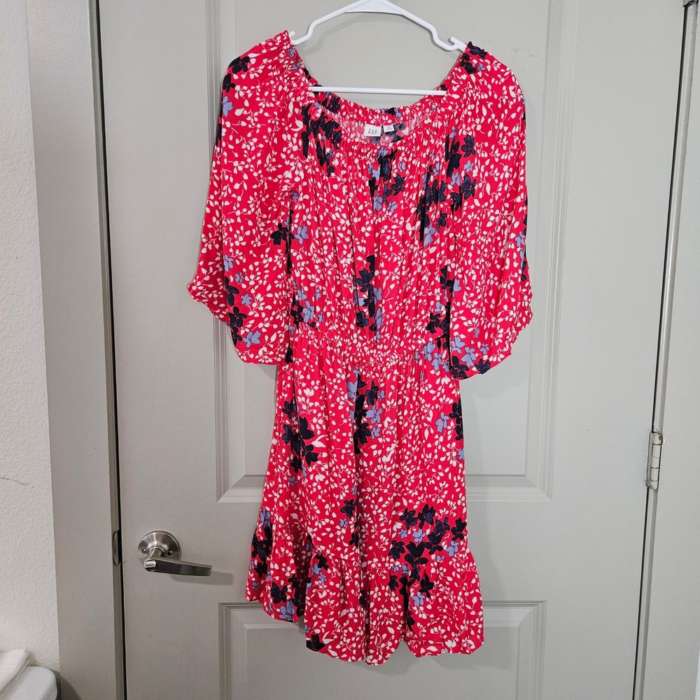 Gap Womens XS Red Floral Rayon Smocked Off Shoulder Ruffle Mini Dress